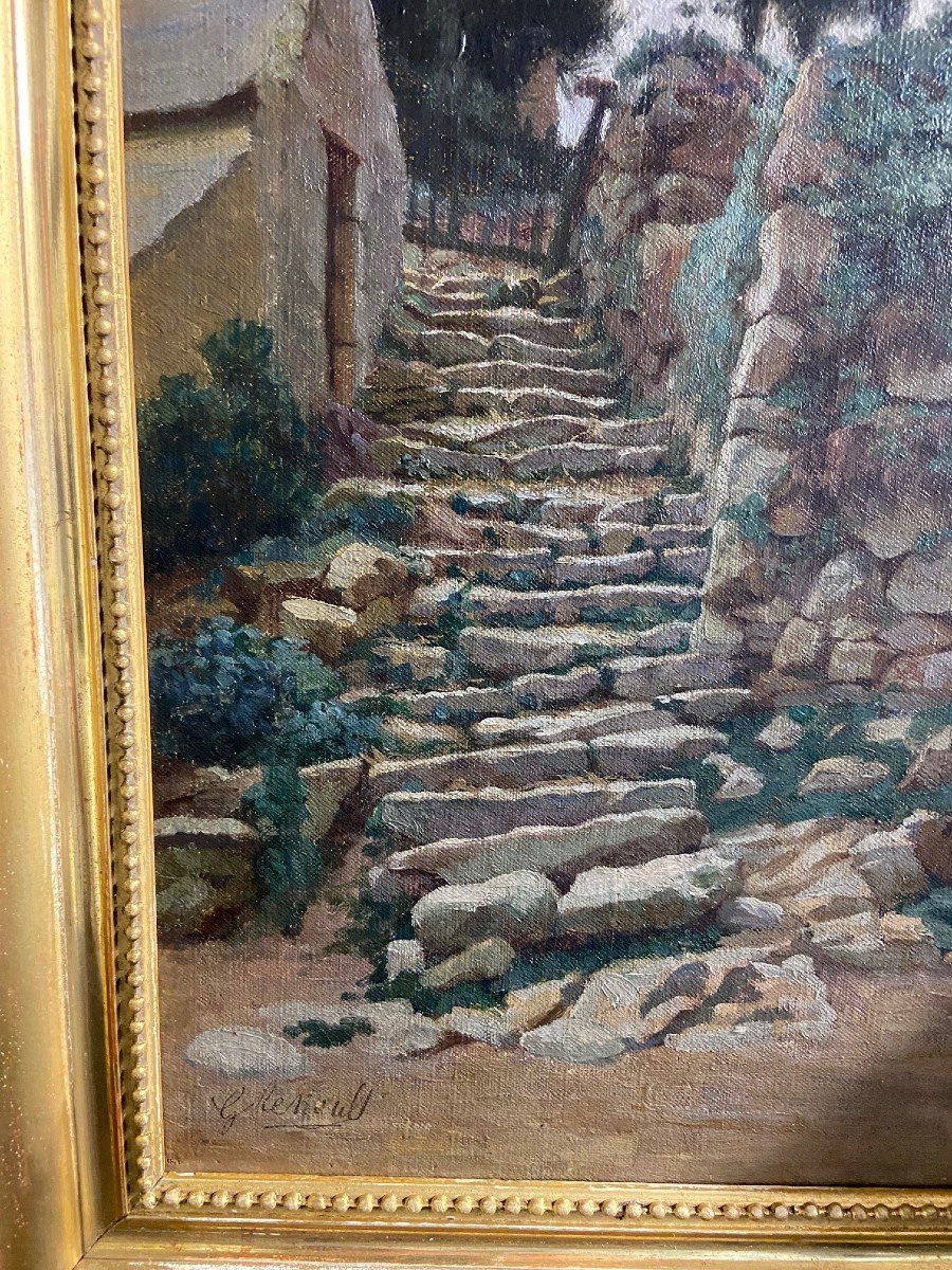 Gaston Renault, l'Escalier Au Fond Du Jardin. Huile Toile-photo-1