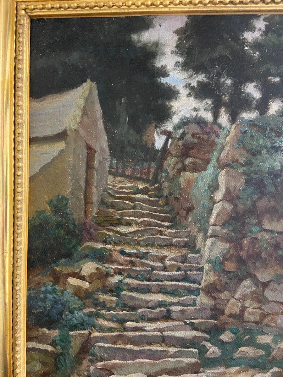 Gaston Renault, l'Escalier Au Fond Du Jardin. Huile Toile-photo-2