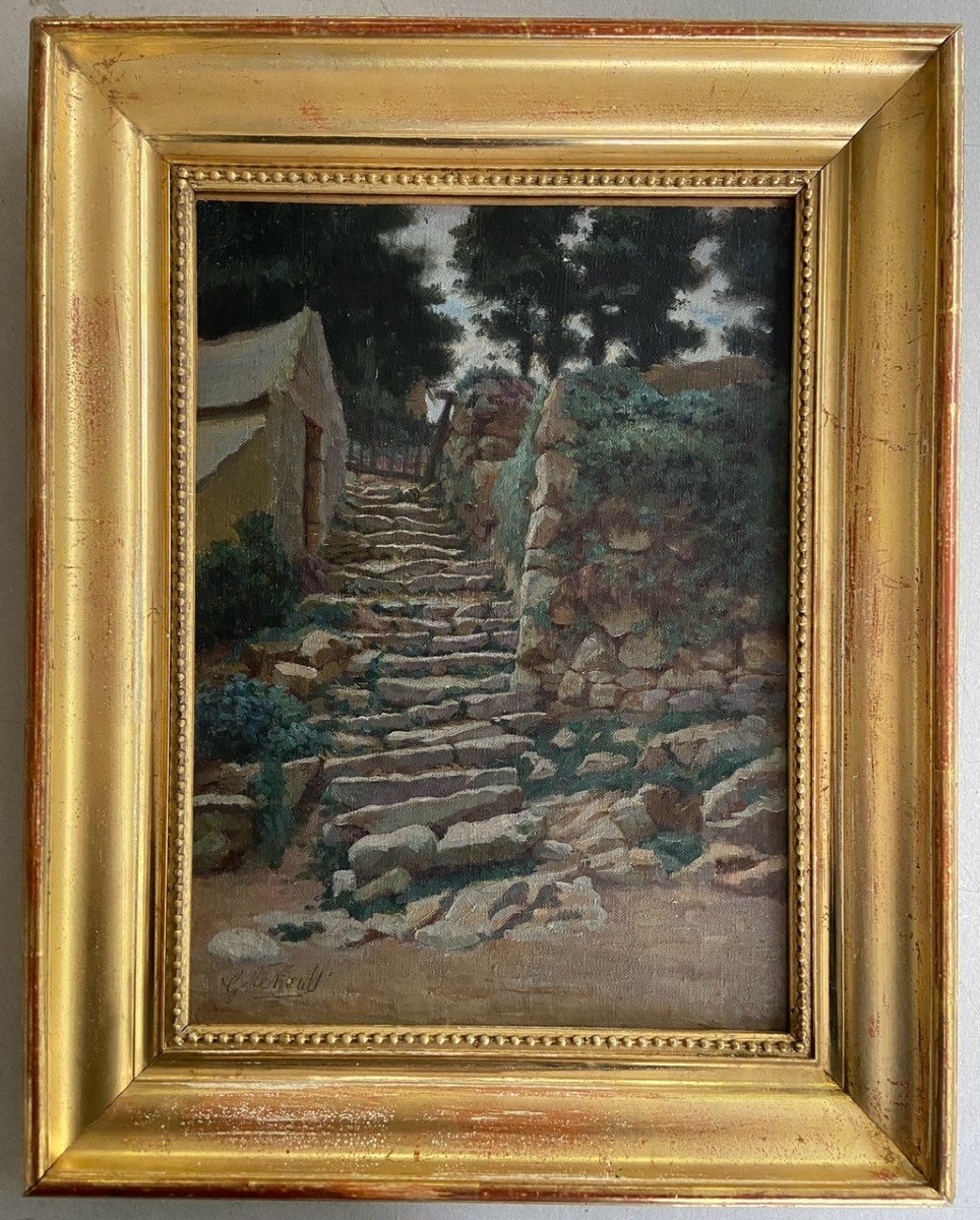 Gaston Renault, l'Escalier Au Fond Du Jardin. Huile Toile-photo-4