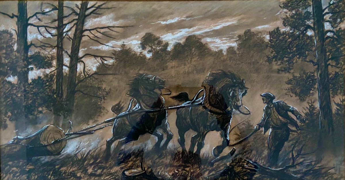 Draft Horses Pulling A Log. Pastel Signed Leblond, Woodcutter-photo-2