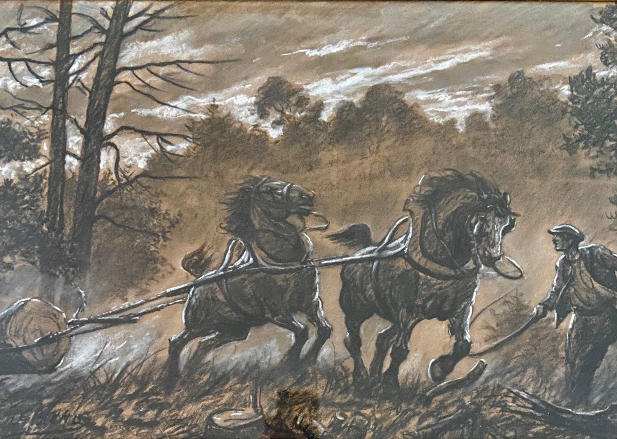 Draft Horses Pulling A Log. Pastel Signed Leblond, Woodcutter-photo-2