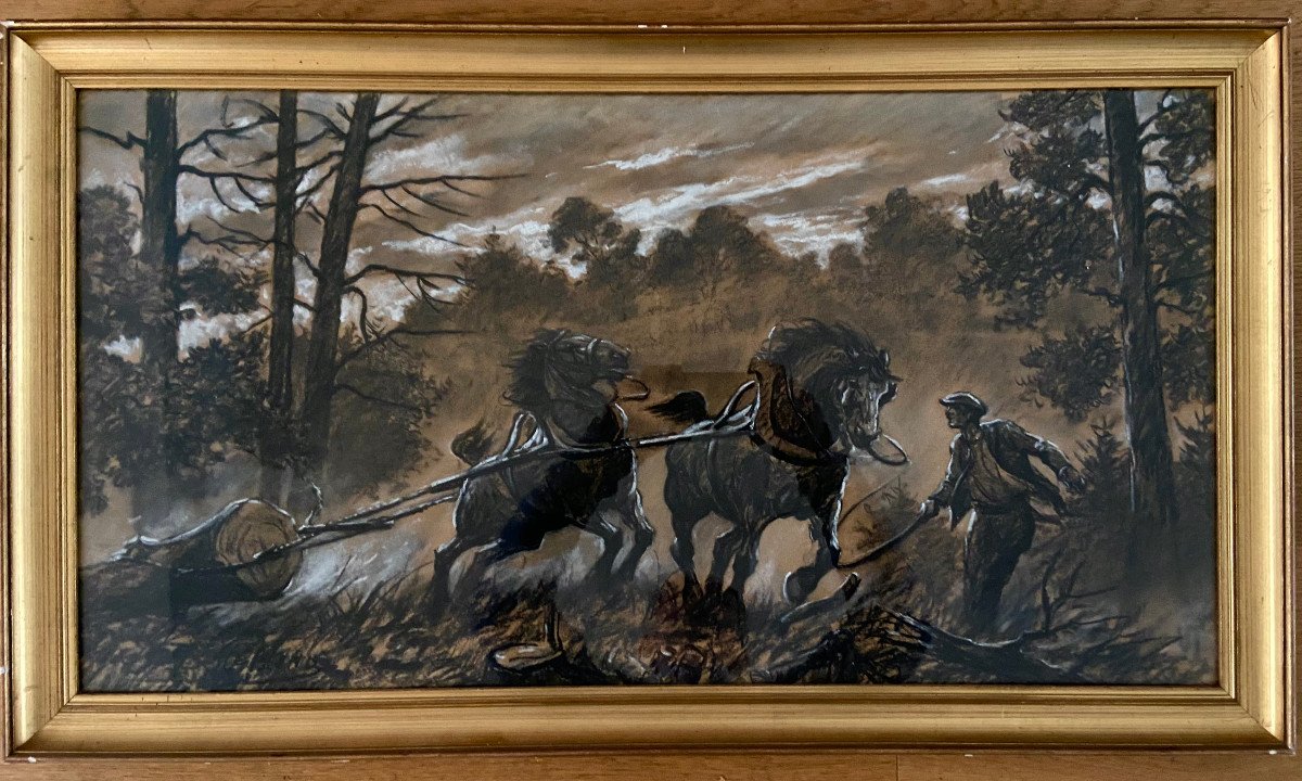 Draft Horses Pulling A Log. Pastel Signed Leblond, Woodcutter