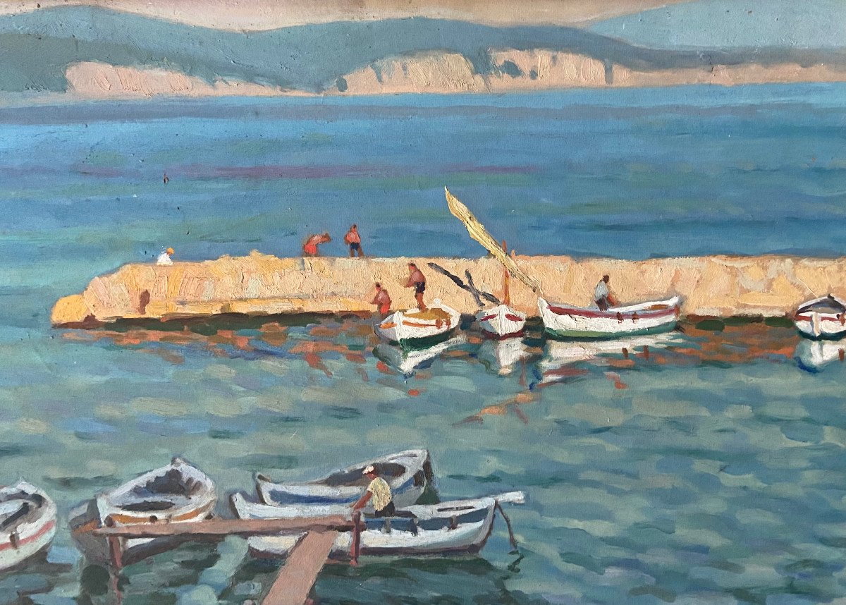 La Ciotat, The Little Port. Oil On Cardboard By Eugène Yvan, Provencal Painter-photo-2