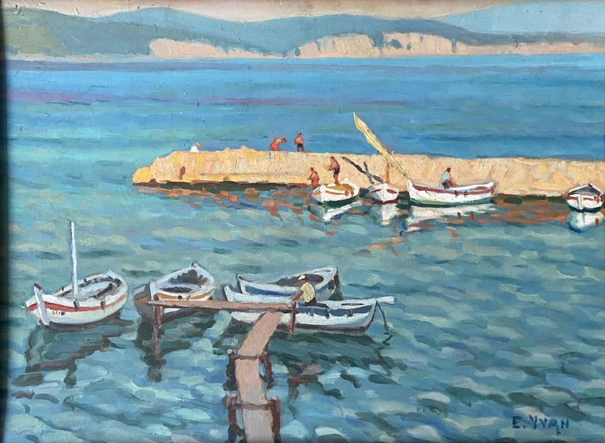 La Ciotat, The Little Port. Oil On Cardboard By Eugène Yvan, Provencal Painter-photo-1