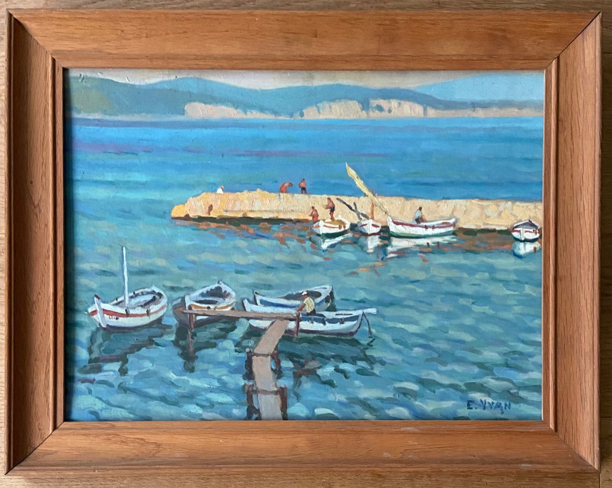 La Ciotat, The Little Port. Oil On Cardboard By Eugène Yvan, Provencal Painter