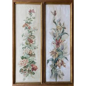 2 Large Panels Decorated With Watercolor Flowers, Geraniums And Tulips