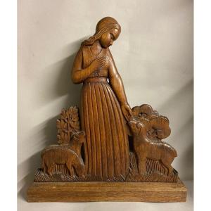 Henri Paul Rey, The Sshepherdess And Her Sheep, Art Deco Wood Sculpture