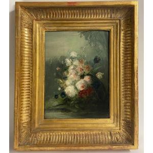 Elise Bertrand, Bouquet De Fleurs, Des Roses, Des Tulipes. Huile Sur Panneau