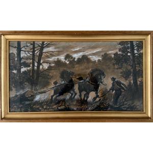 Draft Horses Pulling A Log. Pastel Signed Leblond, Woodcutter