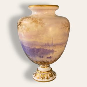 Vase En Opaline Vue De Rouen, La Cathédrale, 19 Eme. Signé Paul Langlois, Normandie