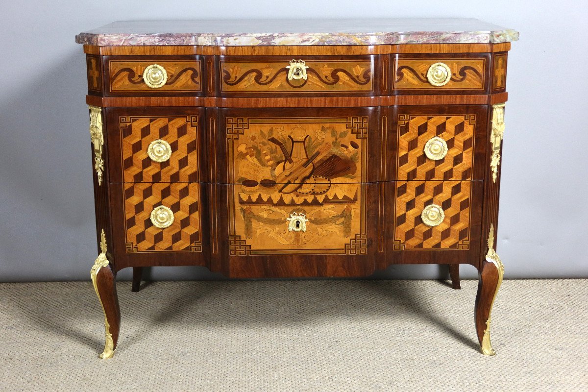 Transitional Marquetry Chest Of Drawers -photo-3