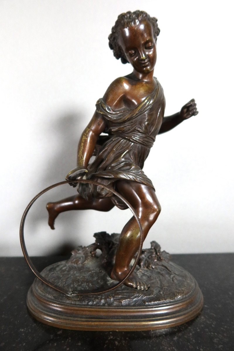 Sujet En Bronze "l'enfant Au Cerceau" Signé Duchoiselle-photo-1