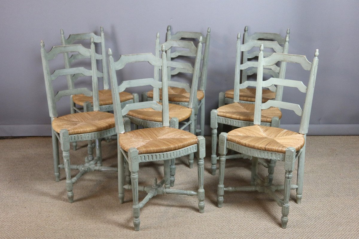 Set Of Eight Louis XVI Style Chairs In Painted Wood