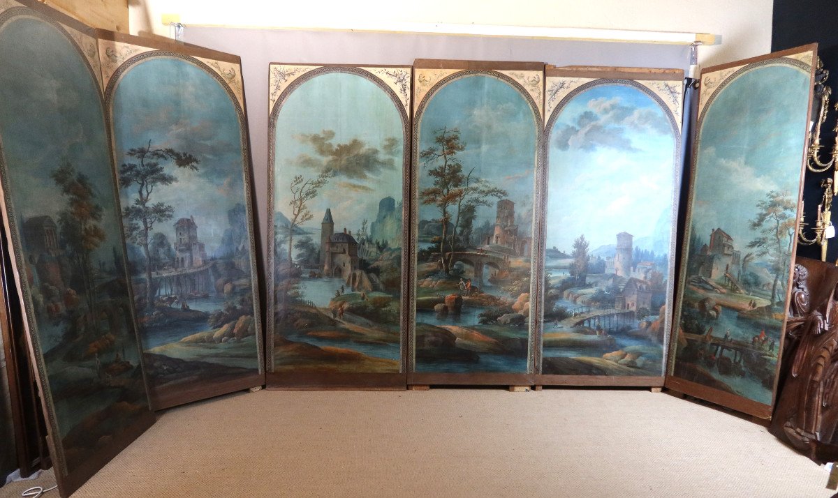 Important Set Of Six Painted Panels (2.60m High) Early 19th Century