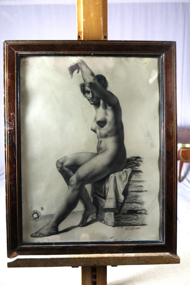 Charcoal Middle XIX Academy Of Woman, Signed And Dated-photo-5