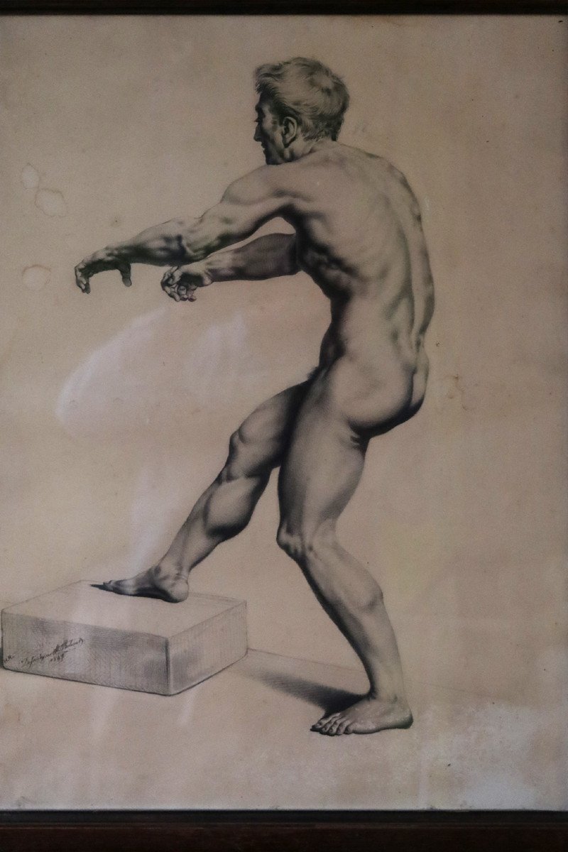 Charcoal Middle XIX Academy Of Man, Signed And Dated-photo-5