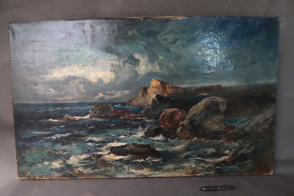 Large Painting "marine" Signed Emile Noirot, Dated 1893-photo-6