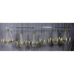 Series Of Six Bronze Chandeliers And Pendants