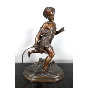 Bronze Subject "the Child With The Hoop" Signed Duchoiselle