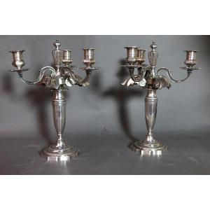 Pair Of Candelabra In Silver Metal And Lights