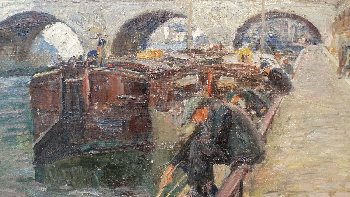 "Pêcheurs en quai de Seine" huile sur toile de Lucien Jonas-photo-3