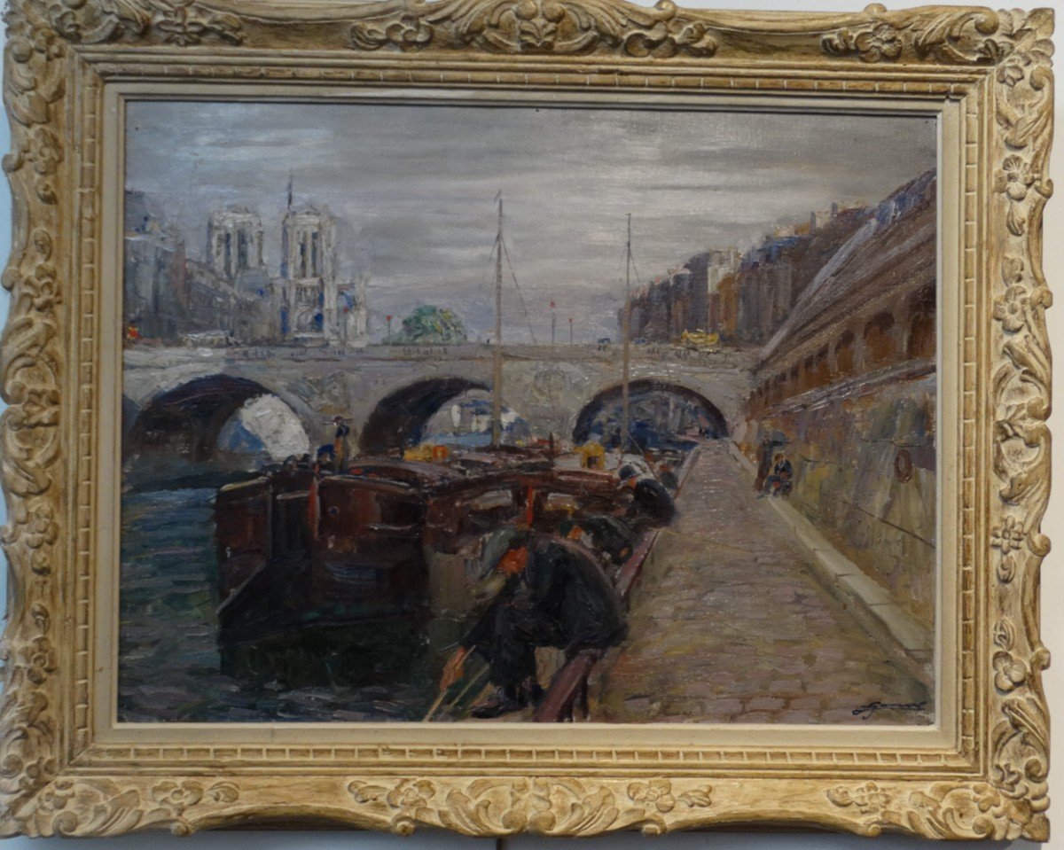 "Pêcheurs en quai de Seine" huile sur toile de Lucien Jonas