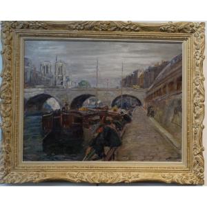 "Pêcheurs en quai de Seine" huile sur toile de Lucien Jonas