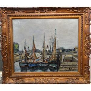 "Voiliers dans le port d'Honfleur" huile sur toile d'André Dubuisson