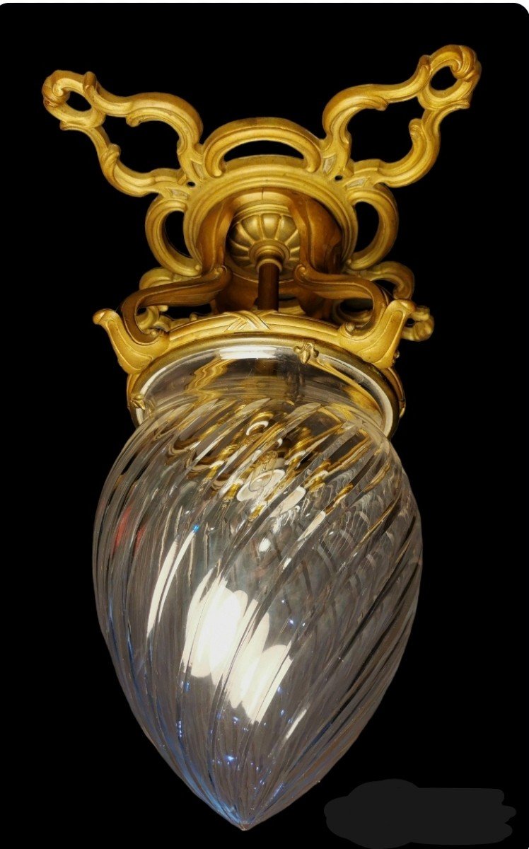 Grand Plafonnier Lustre Suspension Lanterne Bronze Et Cristal Taillé Vers 1900  54 Cm De Haut-photo-4