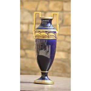 Vase Art Deco Signe Pinon Maurice Faience  De Tours  Ceramique Bleue Et Or Sevres 