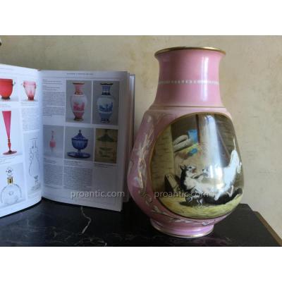 Baccarat Vase 41 Cm Signe Et Date 10/11/ 1869 Cristal Opale Double Rose Rehauts Dore 