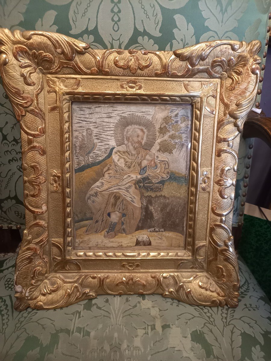 18th Century Embroidery Representing Saint Pierre Beautiful Regence Frame