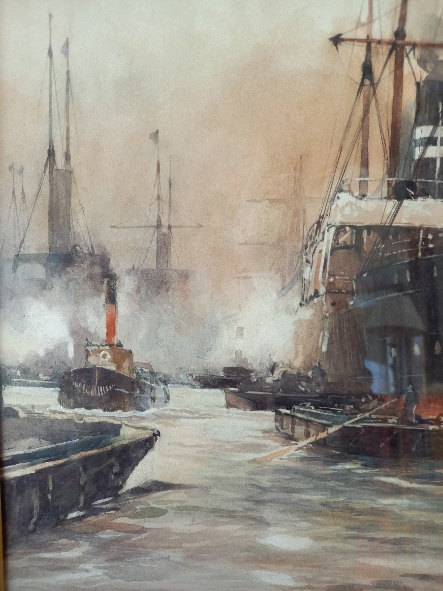 l'Arrivée d'Un Paquebot Dans Un Port,  Aquarelle Et Gouache -photo-4