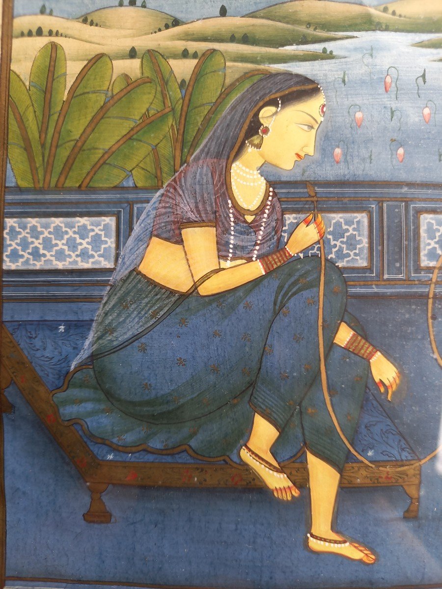 Miniature Indienne, Jeune Femme Fumant Le Narguilé -photo-3