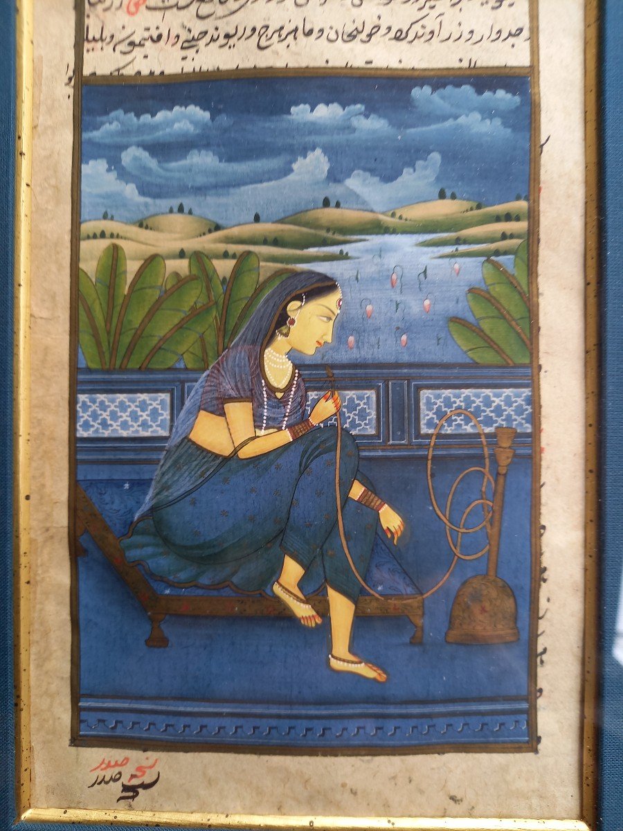 Miniature Indienne, Jeune Femme Fumant Le Narguilé 