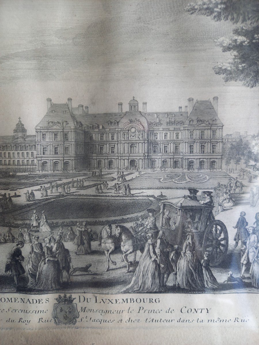 Les Promenades Du Luxembourg, 18th Century Engraving, Period Frame -photo-2