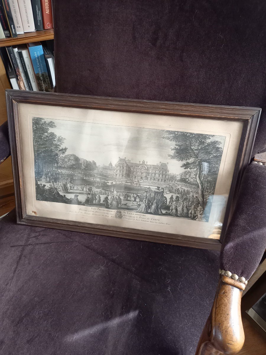 Les Promenades Du Luxembourg, 18th Century Engraving, Period Frame -photo-5