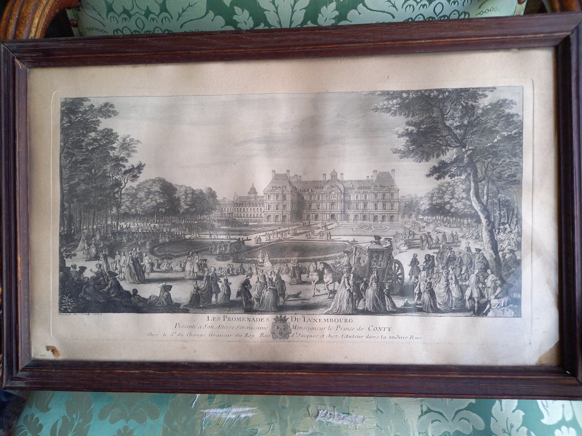 Les Promenades Du Luxembourg, 18th Century Engraving, Period Frame 