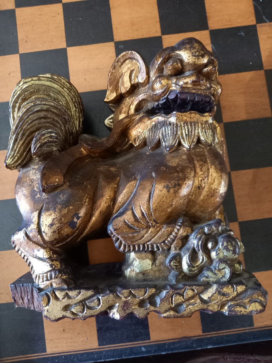 Pair Of Fo Dogs In Golden Wood, 19th Century China -photo-1