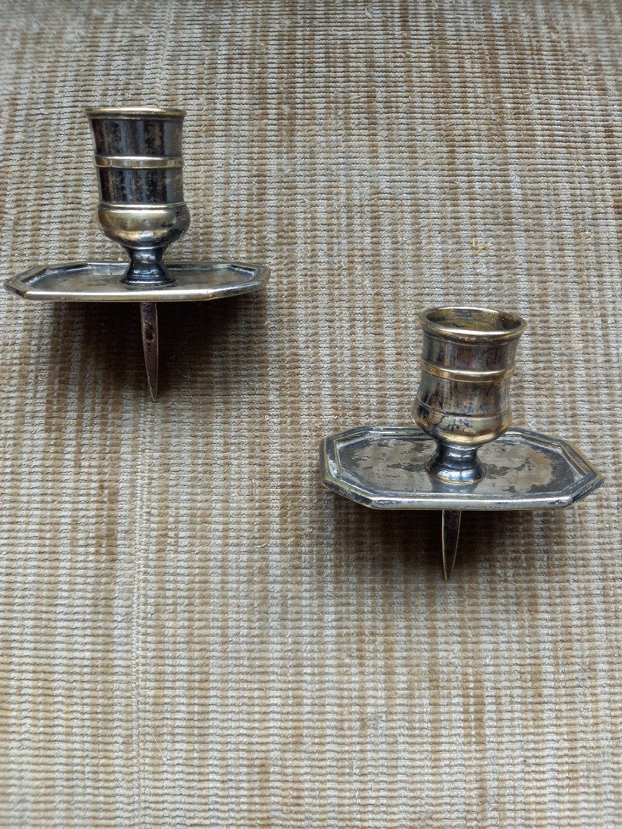 Pair Of Silver Plated Bronze Tric-trac Candlesticks. Hallmarked With A Crowned C 