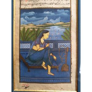 Miniature Indienne, Jeune Femme Fumant Le Narguilé 