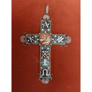 Pendant, Cross In Silver And Micromosaic Italy 19th 