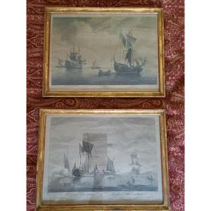 Pair Of 18th Century English Engravings, Vessels At Anchors