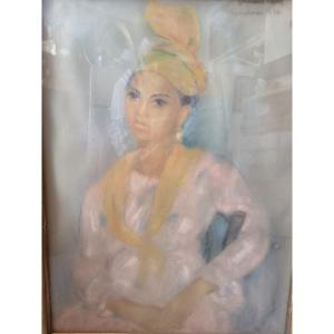 Portrait Au Pastel d'Une Antillaise Par Germaine Foury