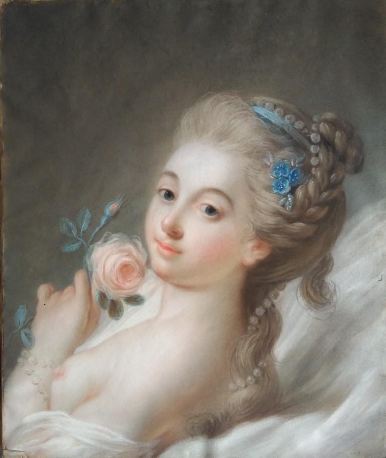 Pastel "la Jeune Fille à La Rose" Ecole Française Du XVIIIe Siècle