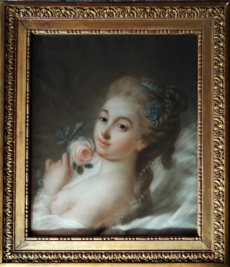 Pastel "la Jeune Fille à La Rose" Ecole Française Du XVIIIe Siècle-photo-2