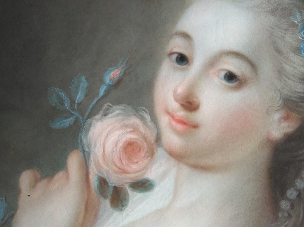 Pastel "la Jeune Fille à La Rose" Ecole Française Du XVIIIe Siècle-photo-1