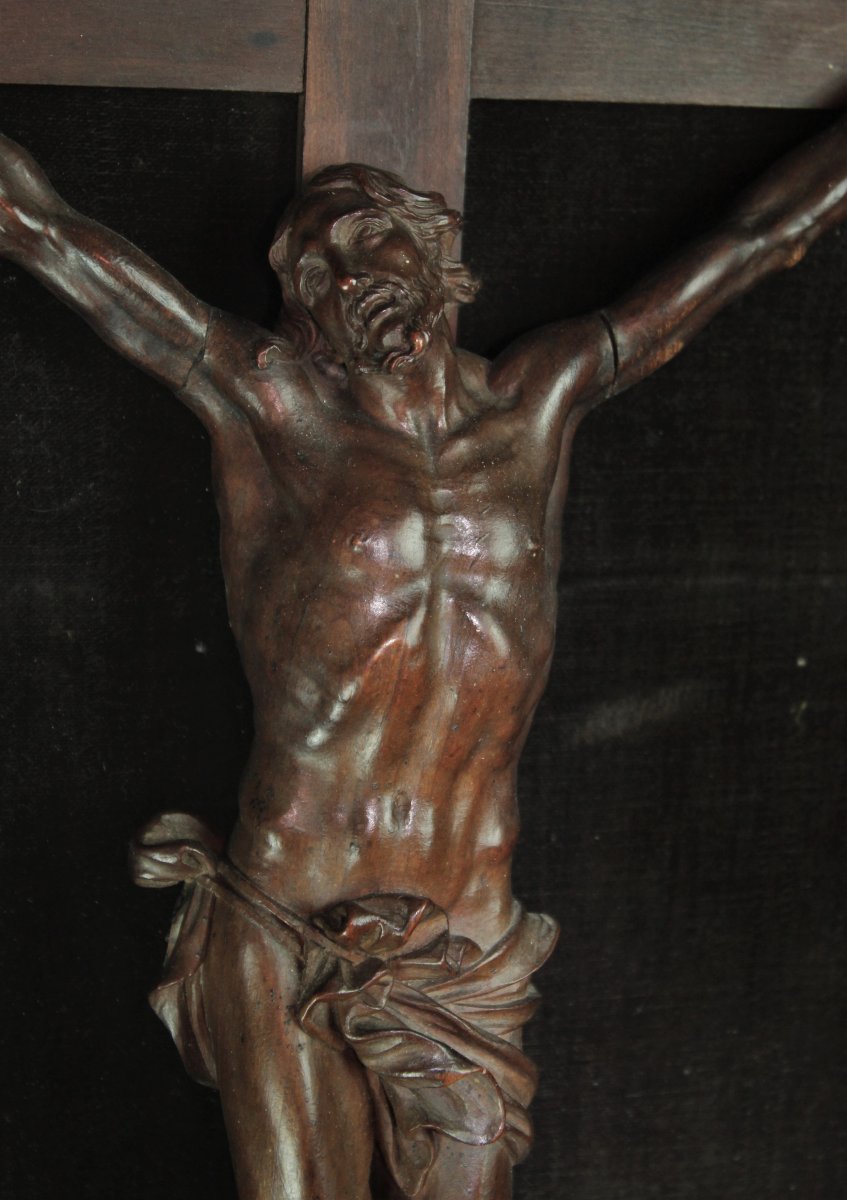Grand Christ en croix Encadré En Bois De Sainte Lucie Sculpté d'époque Louis XIV-photo-2