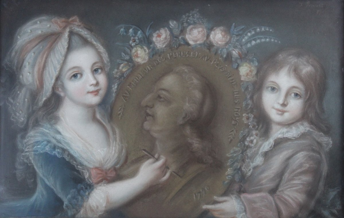 "Louis XVII et Madame Royale dessinant leur Père" Pastel signé et daté "J. Prevost 1790"-photo-2