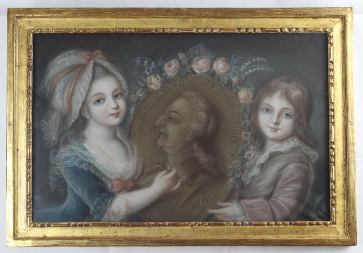 "Louis XVII et Madame Royale dessinant leur Père" Pastel signé et daté "J. Prevost 1790"